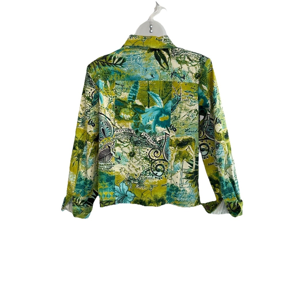 ELCC Women Jacket Stretch Blue, Aqua,Green's World Map Design Blazer Size S NWT - Picture 2 of 10